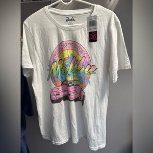 BARBIE size LARGE tee shirt with FOLLOW THE SUN MALIBU graphic and PINK car. NWT